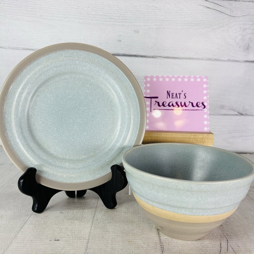 Baum Brothers HARPER Mist Blue Speckled Grey Band Salad Plate & Cereal/Soup Bowl